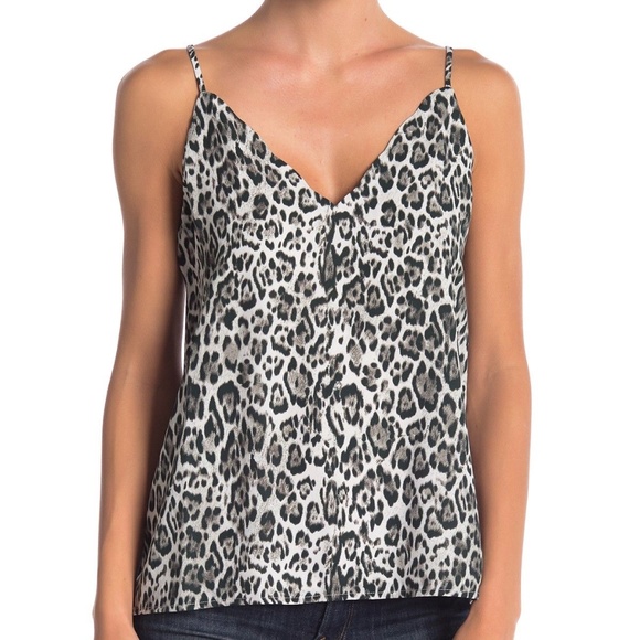 Socialite Gray Leopard Print‎ Cami Top Scallop Neck Spaghetti Straps Medium - Picture 1 of 9